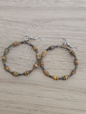 Handmade Brown Paper Bead Hoop Earrings